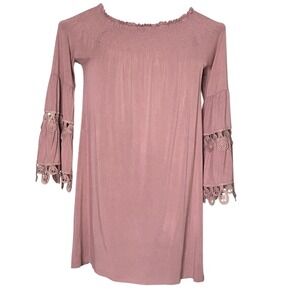 Lapis‎ Womens Off shoulder Dress Old Rose Color Size Med Midi Crocheted Sleeves